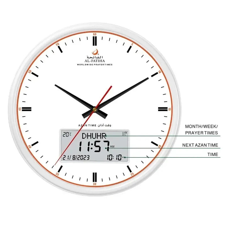 "Horloge murale intelligente pour prières, design moderne, affichage numérique et analogique, avec calendrier Hijri intégré."