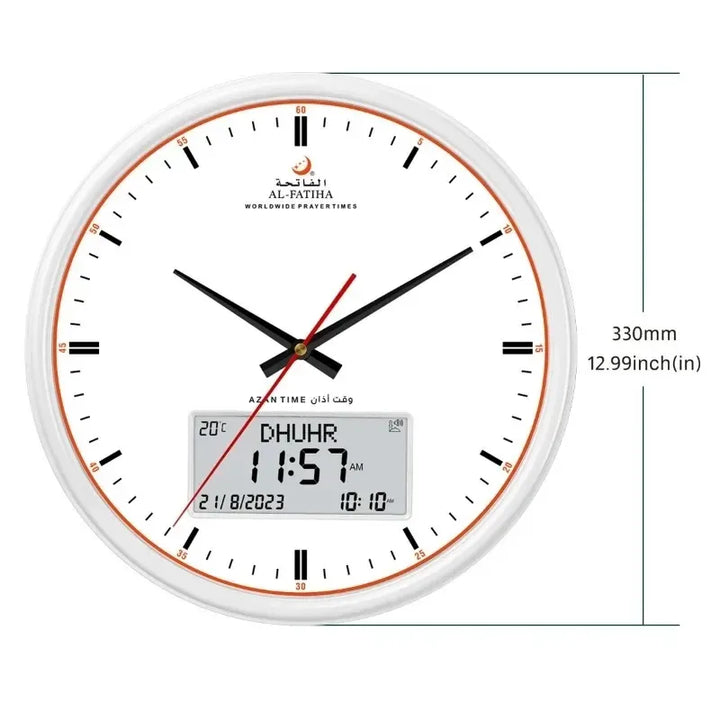 "Horloge murale intelligente pour prières, design moderne, affichage numérique et analogique, avec calendrier Hijri intégré."