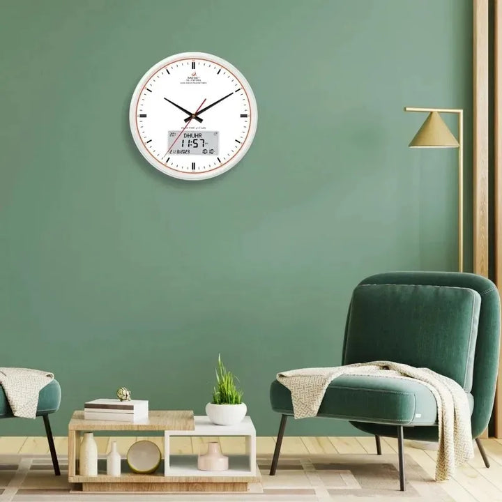 "Horloge murale intelligente pour prières, design moderne, affichage numérique et analogique, avec calendrier Hijri intégré."