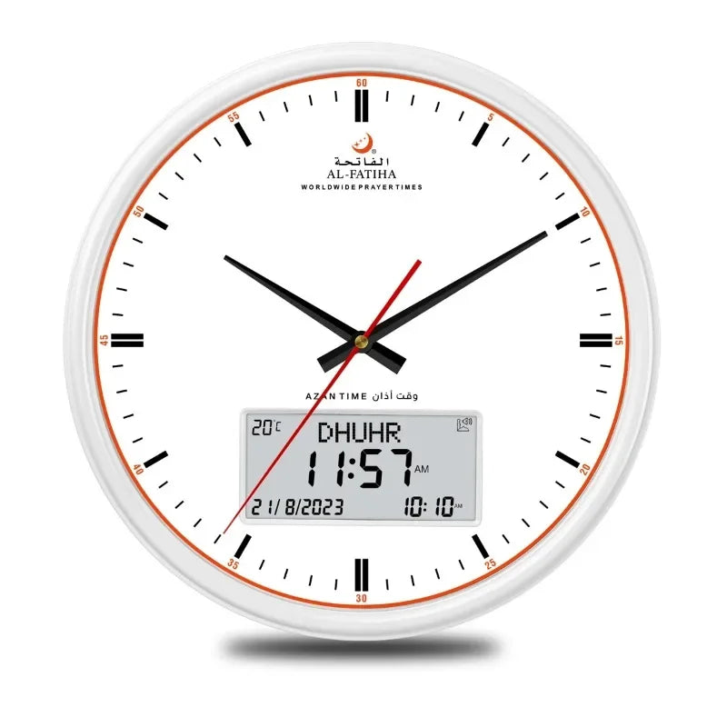 "Horloge murale intelligente pour prières, design moderne, affichage numérique et analogique, avec calendrier Hijri intégré."