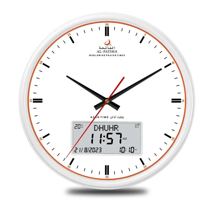 "Horloge murale intelligente pour prières, design moderne, affichage numérique et analogique, avec calendrier Hijri intégré."