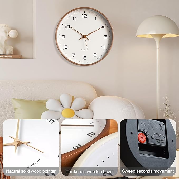 "Horloge murale nordique en bois, design minimaliste scandinave, matériaux naturels, 25x25cm ou 30x30cm"