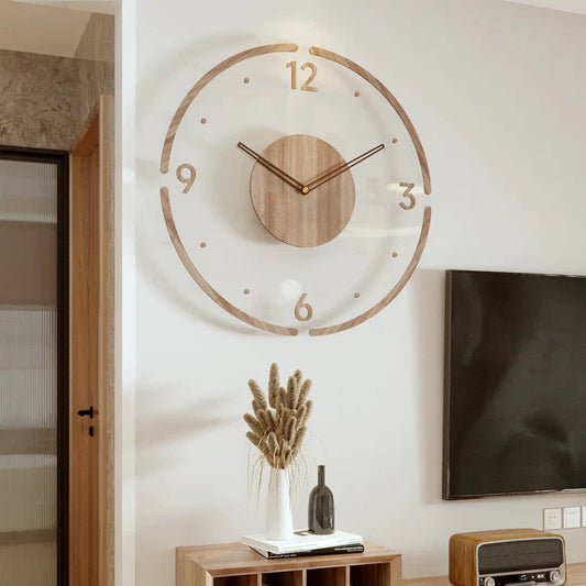 Horloge murale scandinave en bois, design minimaliste, cadran rond, couleur naturelle, décoration élégante pour intérieur.