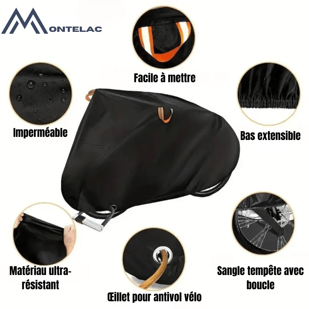 Housse de vélo imperméable 3 couches, anti-UV, protège vélo des intempéries avec sangles de fixation, vue sur vélo.