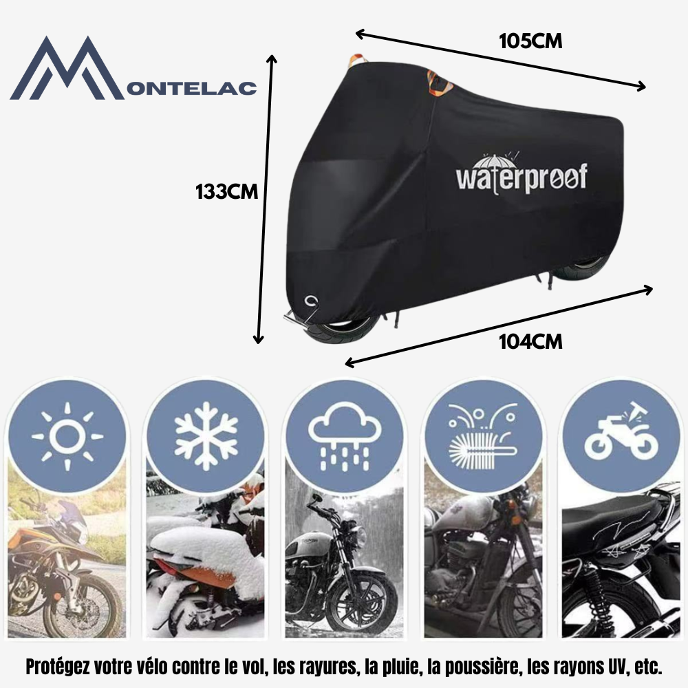 Housse de vélo imperméable 3 couches, anti-UV, protège vélo des intempéries avec sangles de fixation, vue sur vélo.