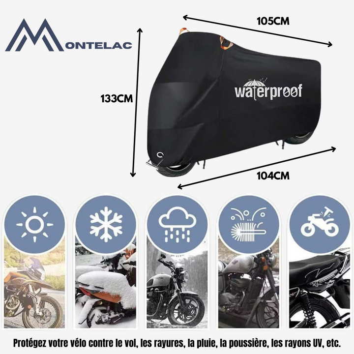 Housse de vélo imperméable 3 couches, anti-UV, protège vélo des intempéries avec sangles de fixation, vue sur vélo.