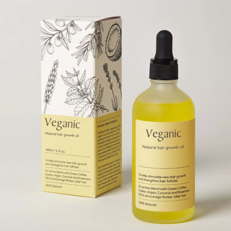 Huile capillaire naturelle dans flacon vert avec pipette; stimule la croissance des cheveux; composition herbacée et nourriss