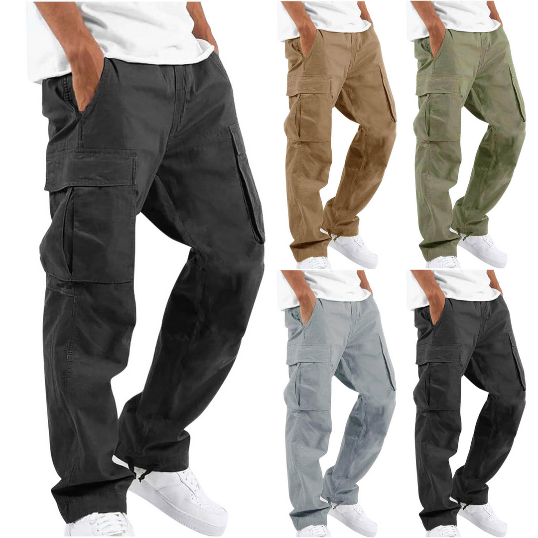 "Image de pantalons cargo hommes en couleur montrant design ample et poches multiples pour confort et praticité au quotidien.