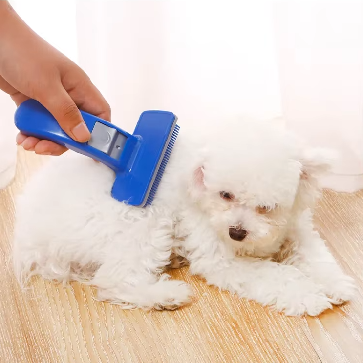 "Image d'une brosse autonettoyante en silicone avec poils doux, idéale pour le toilettage facile des animaux, couleur vive."