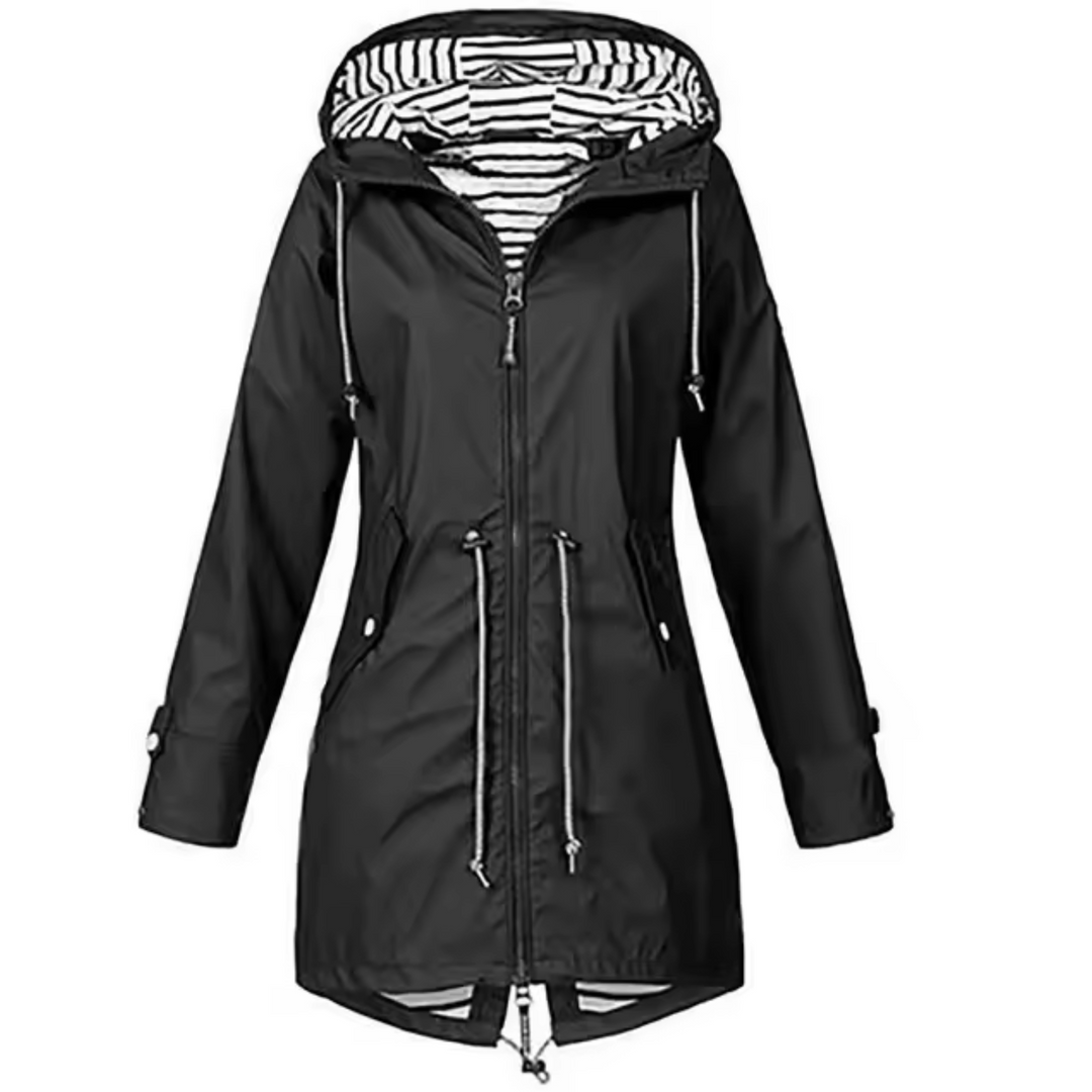 "Imperméable femme élégant Daria, moderne, noir, avec capuche, design sophistiqué, protection pluie, taille varied"