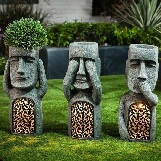 "Jardinière artistique solaire avec LED, design sculpté élégant, idéal pour l'extérieur, illumine jardins et terrasses la nui