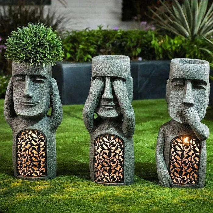 "Jardinière artistique solaire avec LED, design sculpté élégant, idéal pour l'extérieur, illumine jardins et terrasses la nui