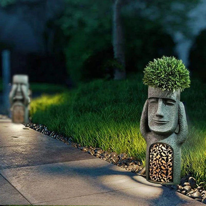 "Jardinière artistique solaire avec LED, design sculpté élégant, idéal pour l'extérieur, illumine jardins et terrasses la nui