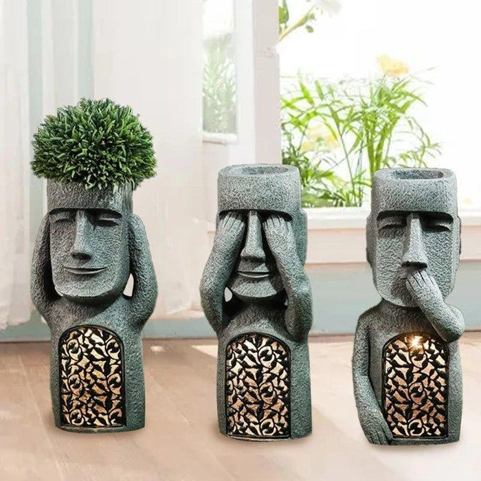 "Jardinière artistique solaire avec LED, design sculpté élégant, idéal pour l'extérieur, illumine jardins et terrasses la nui