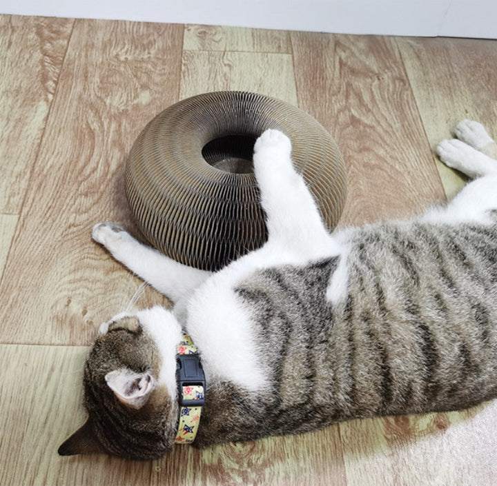 "Jouet griffoir pour chats avec balle interactive et surface en carton, design rotatif, matériau écologique."