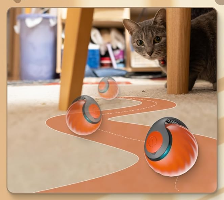 "Jouet pour chat automoteur orange avec mouvements interactifs, stimulant l'instinct de chasse et offrant du divertissement."
