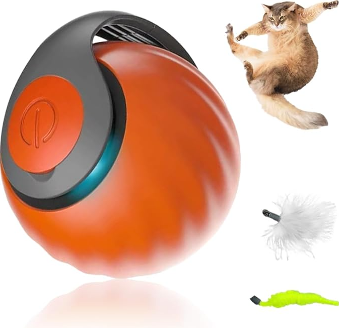 "Jouet pour chat automoteur orange avec mouvements interactifs, stimulant l'instinct de chasse et offrant du divertissement."