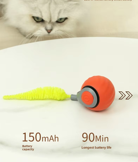 "Jouet pour chat automoteur orange avec mouvements interactifs, stimulant l'instinct de chasse et offrant du divertissement."