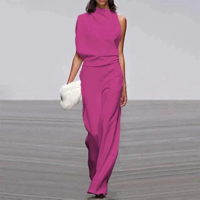 "Jumpsuit moderne pour femme, sans manches, jambes larges, élégant et polyvalent, couleur unie, style tendance."