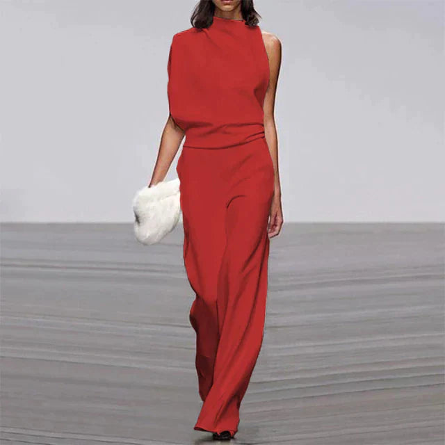 "Jumpsuit moderne pour femme, sans manches, jambes larges, élégant et polyvalent, couleur unie, style tendance."