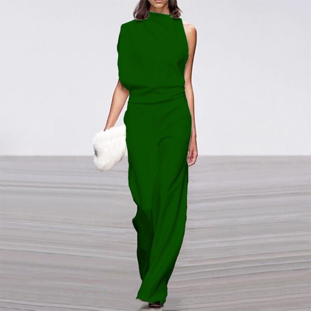 "Jumpsuit moderne pour femme, sans manches, jambes larges, élégant et polyvalent, couleur unie, style tendance."