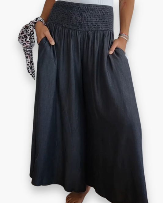 "Jupe culotte femme élégante, ample, tissu fluide, taille haute élastique, confort et style moderne, chic décontracté."