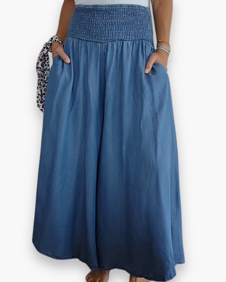 "Jupe culotte femme élégante, ample, tissu fluide, taille haute élastique, confort et style moderne, chic décontracté."