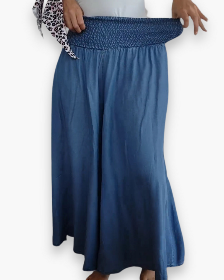 "Jupe culotte femme élégante, ample, tissu fluide, taille haute élastique, confort et style moderne, chic décontracté."