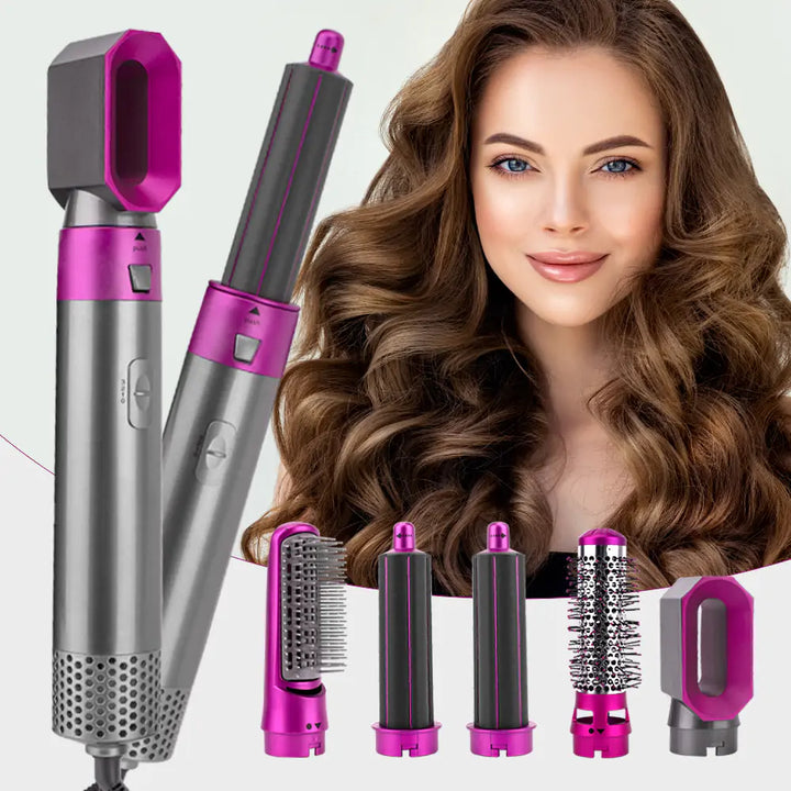 "Kit coiffure brosses à air chaud multifonctions, brosses rondes et lissantes, coloris élégants: or, magenta, noir, rose."