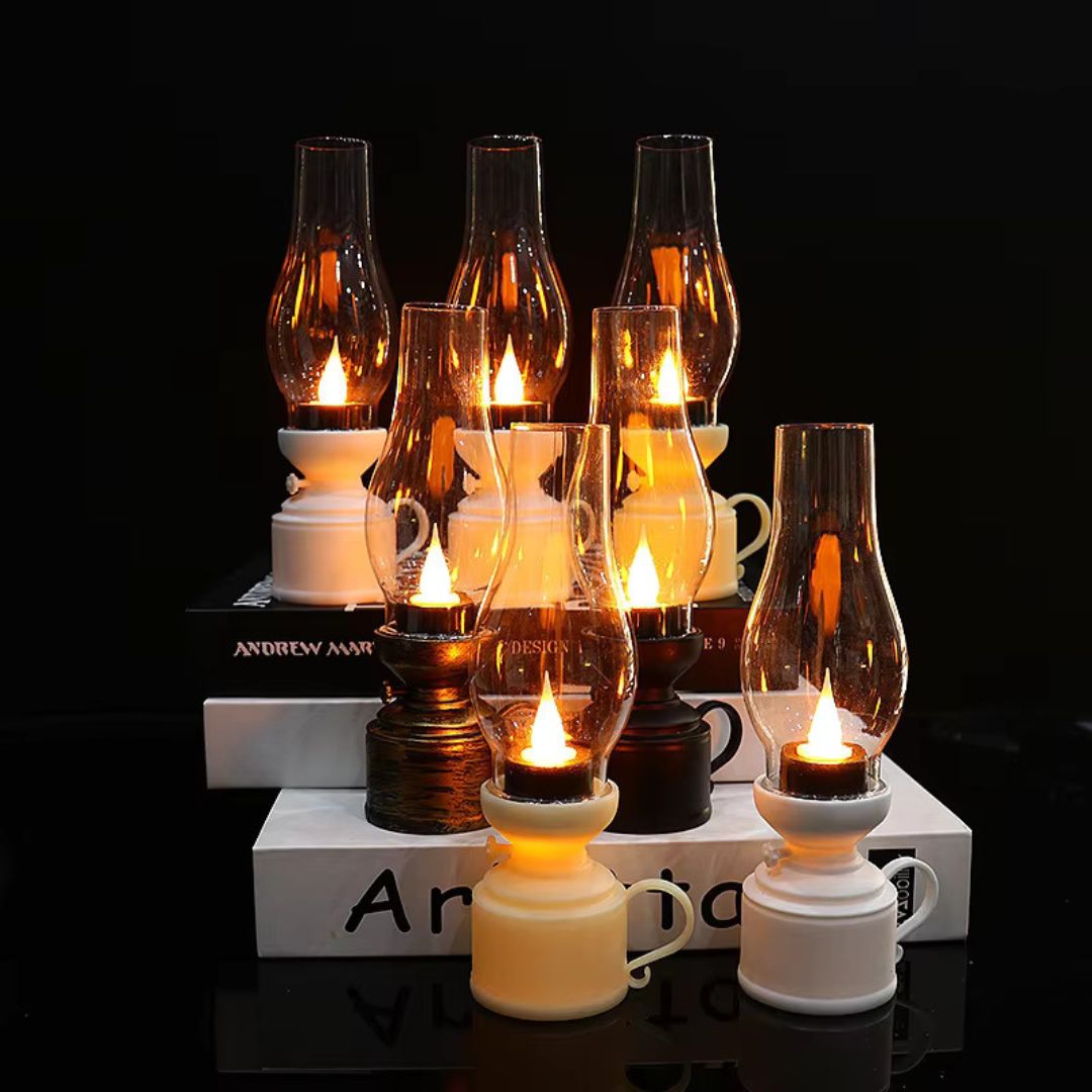 "Lampe à huile LED élégante avec effet de flamme réaliste et choix de couleurs, idéale pour une ambiance chaleureuse et sécur