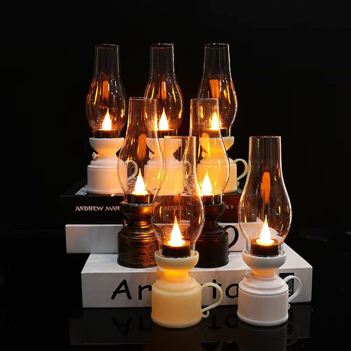 "Lampe à huile LED élégante avec effet de flamme réaliste et choix de couleurs, idéale pour une ambiance chaleureuse et sécur