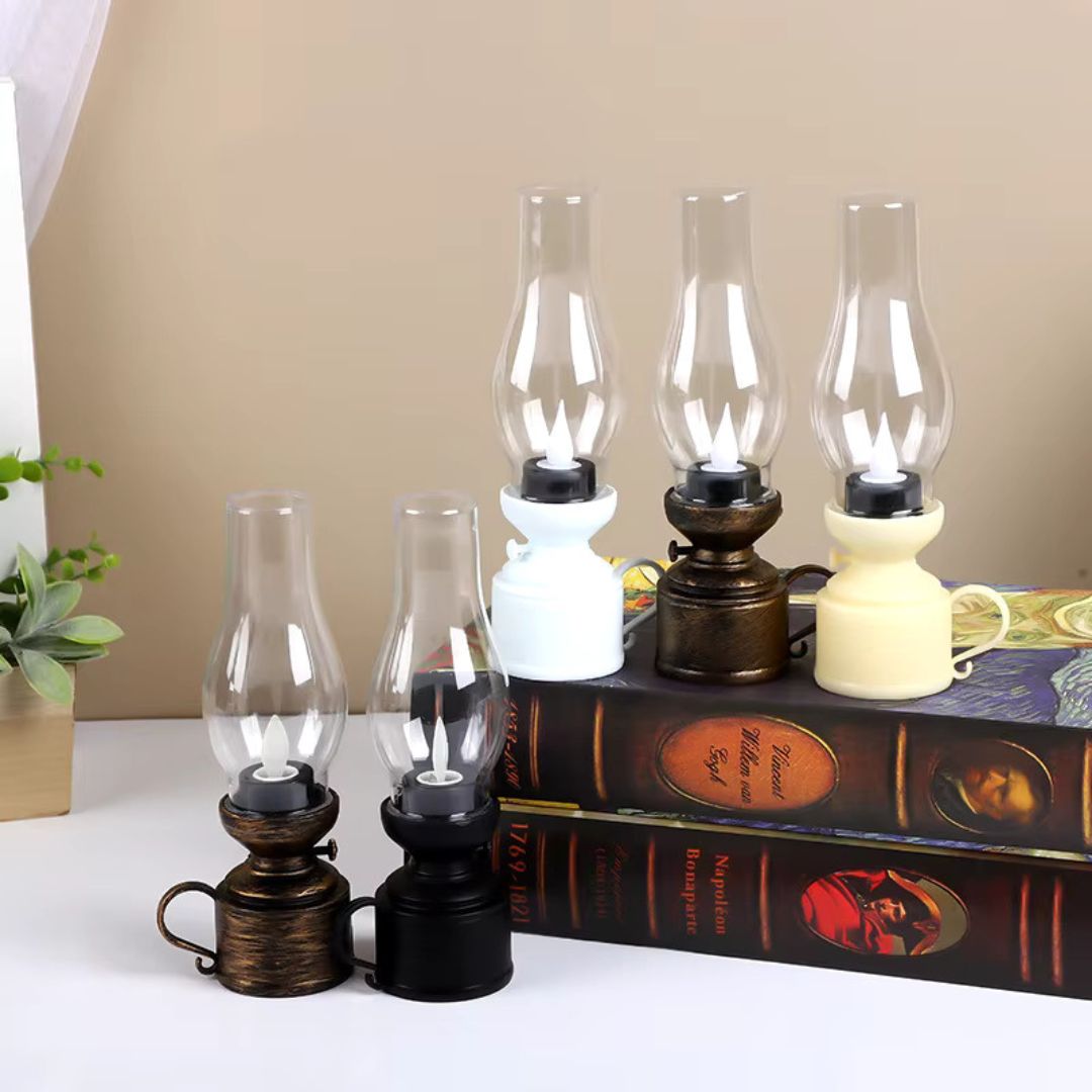 "Lampe à huile LED élégante avec effet de flamme réaliste et choix de couleurs, idéale pour une ambiance chaleureuse et sécur