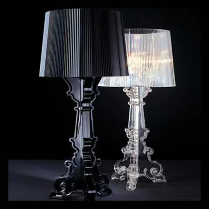"Lampe de table élégante et glamour, design contemporain en blanc ou noir, éclairage doux pour ambiance luxueuse."