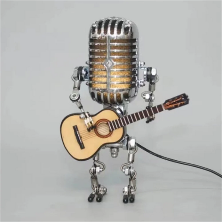 "Lampe de table robotique avec guitare, design original et artistique, ambiance chaleureuse pour décoration intérieure"