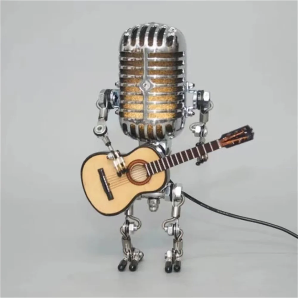"Lampe de table robotique avec guitare, design original et artistique, ambiance chaleureuse pour décoration intérieure"