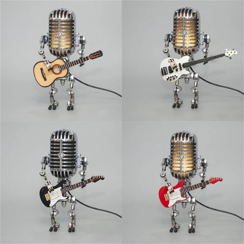 "Lampe de table robotique avec guitare, design original et artistique, ambiance chaleureuse pour décoration intérieure"
