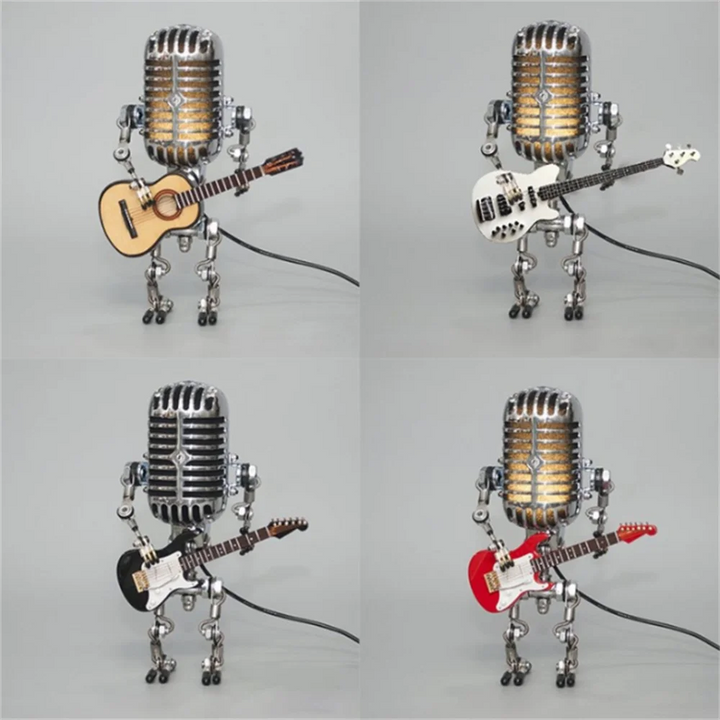 "Lampe de table robotique avec guitare, design original et artistique, ambiance chaleureuse pour décoration intérieure"
