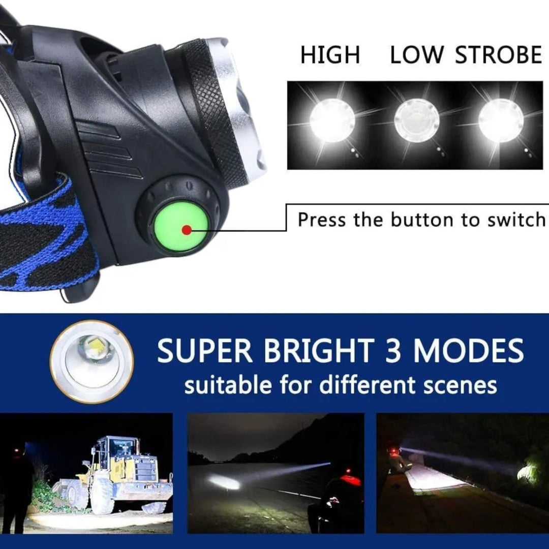 Lampe frontale étanche LED, puissante et rechargeable, avec faisceau lumineux réglable pour aventures nocturnes.