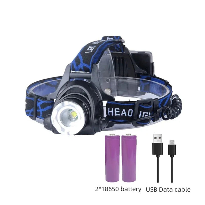 Lampe frontale étanche LED, puissante et rechargeable, avec faisceau lumineux réglable pour aventures nocturnes.