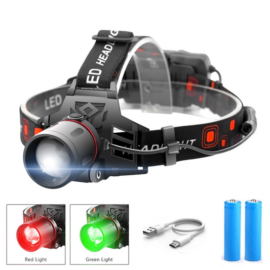 "Lampe frontale LED rechargeable avec bandes lumineuses blanche, rouge et verte, idéale pour randonnées et camping"