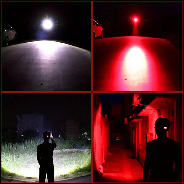 "Lampe frontale LED rechargeable avec bandes lumineuses blanche, rouge et verte, idéale pour randonnées et camping"