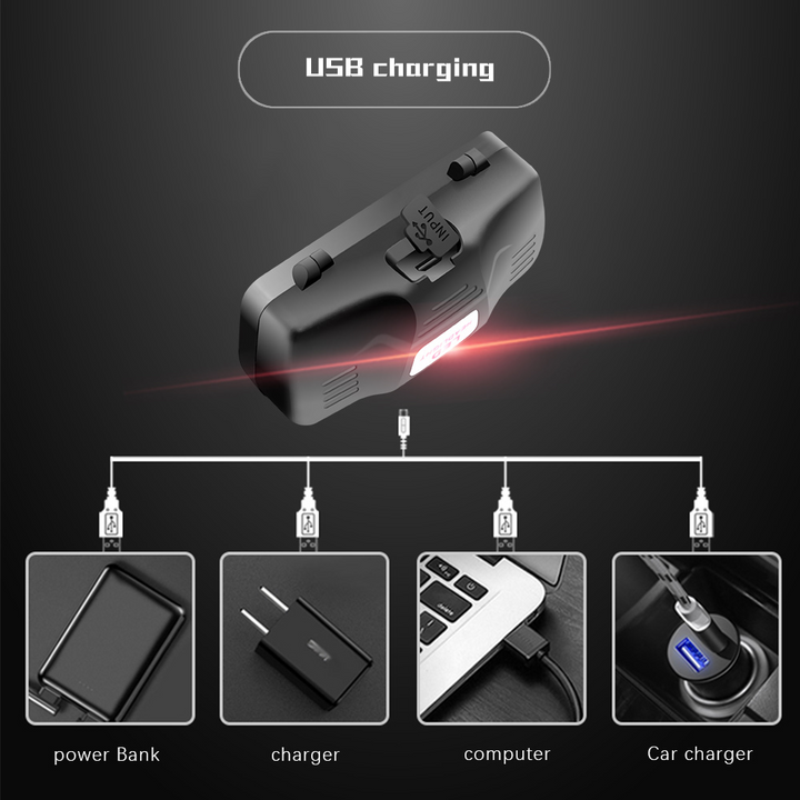 "Lampe frontale LED rechargeable avec bandes lumineuses blanche, rouge et verte, idéale pour randonnées et camping"