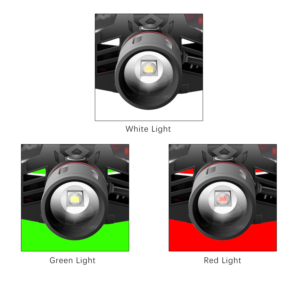 "Lampe frontale LED rechargeable avec bandes lumineuses blanche, rouge et verte, idéale pour randonnées et camping"