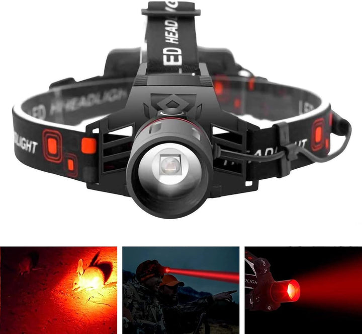 "Lampe frontale LED rechargeable avec bandes lumineuses blanche, rouge et verte, idéale pour randonnées et camping"