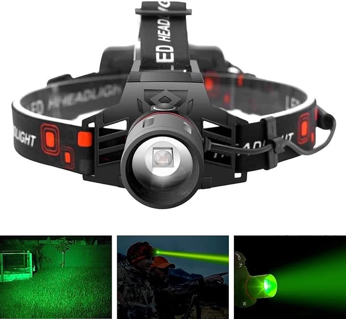"Lampe frontale LED rechargeable avec bandes lumineuses blanche, rouge et verte, idéale pour randonnées et camping"