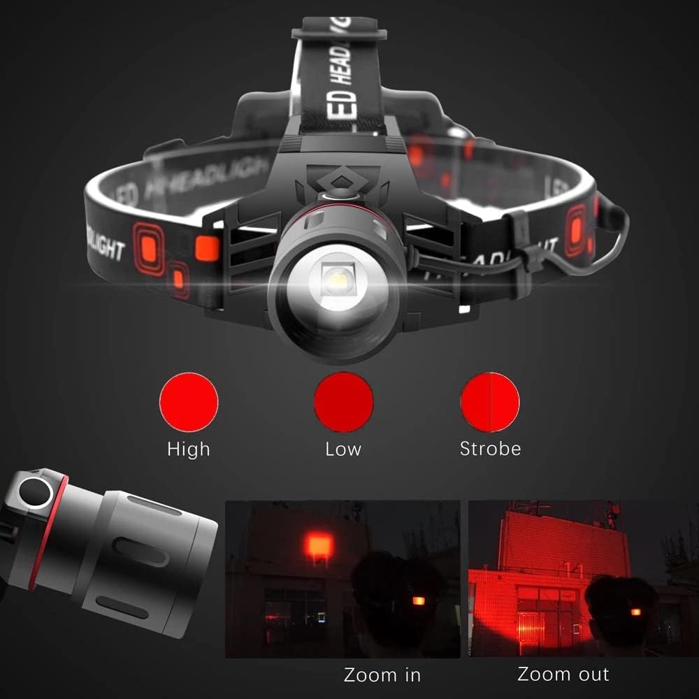 "Lampe frontale LED rechargeable avec bandes lumineuses blanche, rouge et verte, idéale pour randonnées et camping"