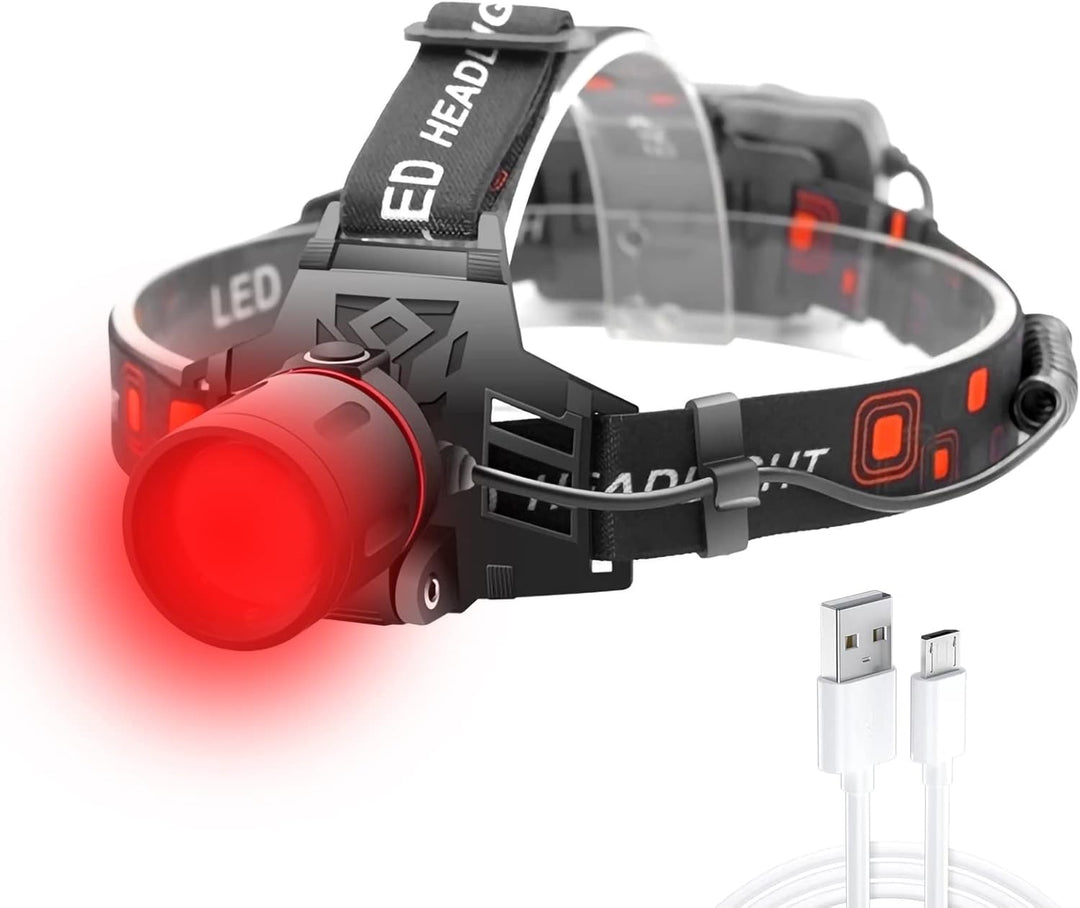 "Lampe frontale LED rechargeable avec bandes lumineuses blanche, rouge et verte, idéale pour randonnées et camping"