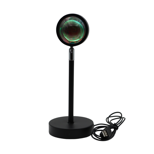 "Lampe LED ambiance soleil, multicolore, projette teintes chaudes; tête réglable 180°, diverses lentilles interchangeables."