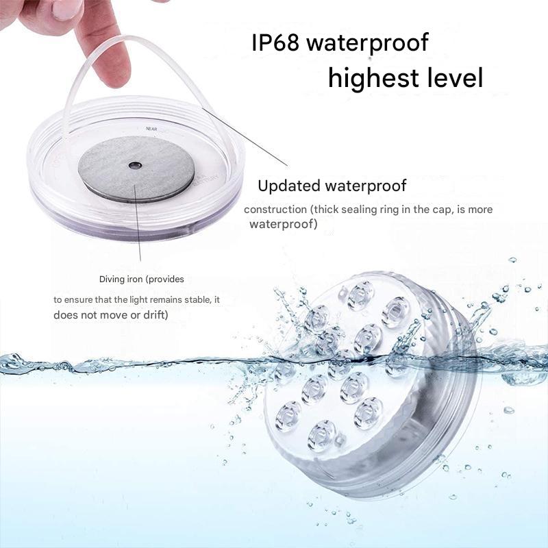 Lampe LED étanche sous-marine avec télécommande, 16 couleurs, modes lumineux variés pour piscine ou étang.