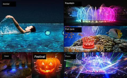 Lampe LED étanche sous-marine avec télécommande, 16 couleurs, modes lumineux variés pour piscine ou étang.